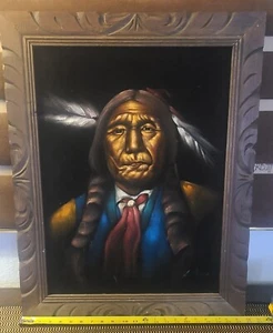 Mid Century Native American Indian Chief Artist Signed Velvet Painting~28"×22" - Picture 1 of 5