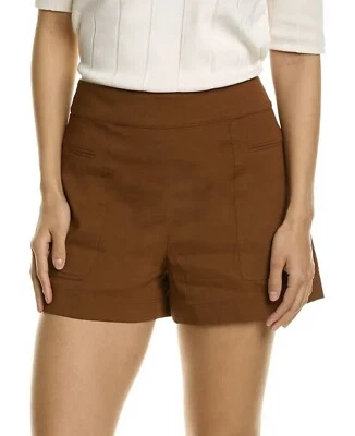 $215 THEORY Mini Pantalones Cortos Utilitarios 0 Marrón Coñac Buen Lino Tiro Alto Pierna Ajustada Foto 1 de 4