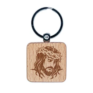 Jesus Christ Religious Christian Cross God Engraved Wood Square Keychain - Picture 1 of 6