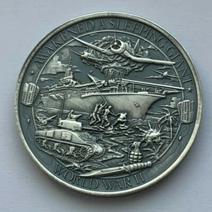 PATRIOT WORLD WAR II AWAKENED A SLEEPING GIANT 1 OZ 999 SILVER ANTIQUED ROUND - Picture 1 of 6
