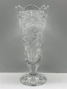 VTG American Brilliant Sawtooth Crystal Vase 2 Love Birds Etched Design 10” Tall - Picture 1 of 4