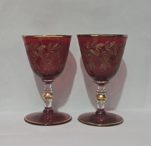 Moser Needle-Engraved Port Glasses with Gilded Ball Knop - Picture 1 of 4