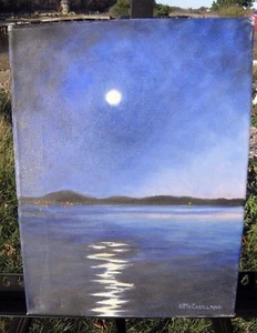 Pintura al óleo original MOONLIGHT ON IPSWICH MASSACHUSETTS BAY at Night firmada MA - Imagen 1 de 5