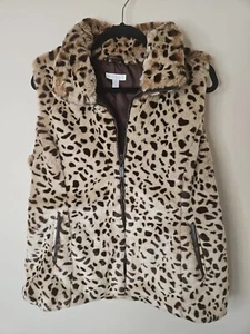 Charter Club Vest Women L Brown Animal Print Faux Fur Faux Leather Trim Luxe Top - Picture 1 of 12