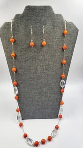 Long Necklace Orange Stone Balls & Earrings Set Silver Tone 34" Length  - Picture 1 of 7