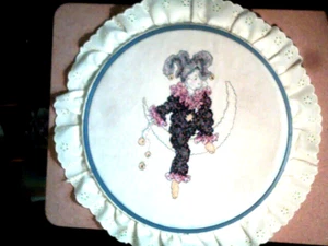 Vintage Framed Round Embroidered Jester on the Moon Wall Hanging 13” w/Lace trim - Picture 1 of 4