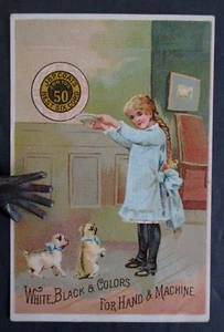 J & P Coats Six Cord Thread 1887 Calendar Victorian Trade Card, Girl & Pug Dogs - Picture 1 of 2