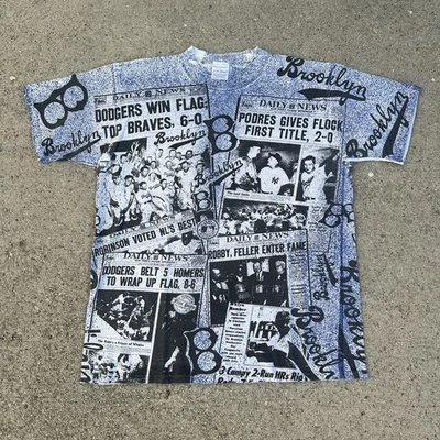 Vintage 90s Brooklyn Los Angeles Dodgers Newspaper AOP Tee Shirt XL MLB NEW - Image 1 of 3