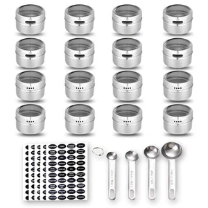 16 Magnetic Spice Tins, 200 Spice Labels, 4 Stainless Steel Measuring Spoons by - Picture 1 of 6