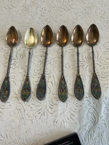Six Vintage Norwegian Enamel on Sterling Gilt Plique Jour Spoons, JGK - Picture 1 of 3