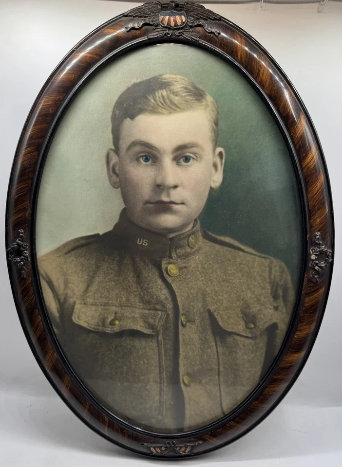 Antique Patriotic Oval Wood Military Eagle Flag Picture Frame Flat Glass 23” H - Image 1 of 4