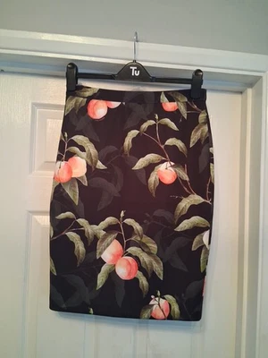 Ted Baker Skirt Black Green Orange Fruit Leaf Design Stretch Size 2 (UK 10) VGC - Image 1 of 4