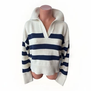 Velvet By Graham & Spencer Lucie Collared Knit Sweater Blue Striped Prep Size S - Picture 1 of 5