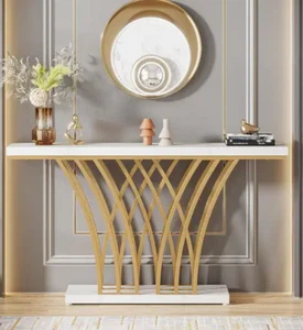 Table Console Marble Faux Entryway Modern White Gold Metal Living Room Hallway - Picture 1 of 3