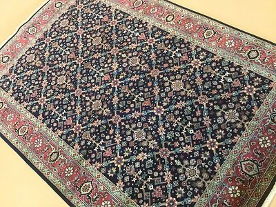 5'.0" X 7'.1" Navy Blue Rose Fine Geometric Oriental Area Rug Hand Knotted Wool - Image 1 of 4