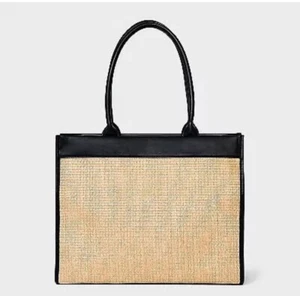 Straw Large Boxy Tote Handbag - A New Day Natural/Black NWT - Picture 1 of 4