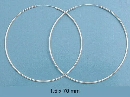 Silver Continuous Hoop Earrings Sterling Silver 925 Jewelry 1.5 mm x 70 mm - Image 1 of 1
