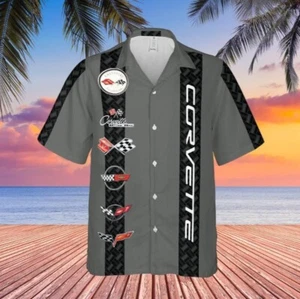 Corvette C1-C6 Logos Grey Hawaiian Shirt for Men Button Down Short Sleeve Summer - Picture 1 of 2