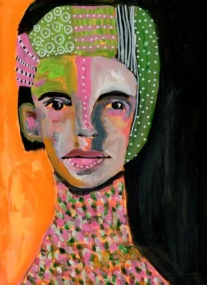 Original Portrait Painting 9x12 Mixed Media Bedazzled Woman Expressive Art - Image 1 of 4