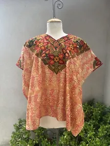 Vtg Guatemalan Huipil Orange Eyelet & Floral Embroidery OS - Picture 1 of 9