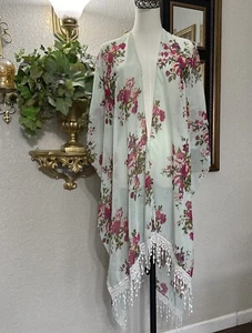 Fringe Floral Women’s Kimono Cardigan Sheer Coverup Colorful One Size - Picture 1 of 12