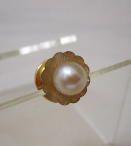 Estate 14K Yellow Gold 7MM Cultured Pearl Tie Tack Pin Scallop Border - Picture 1 of 11
