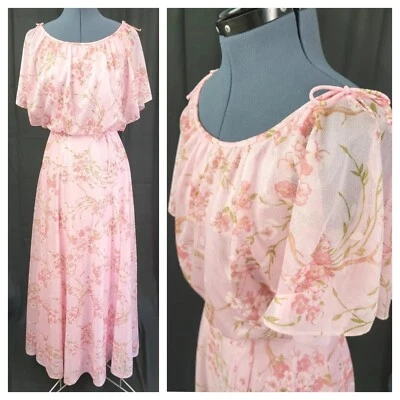 Vestido maxi floral rosa vintage com mangas esvoaçantes e saia forrada de acetato tamanho 10 - Imagem 1 de 4