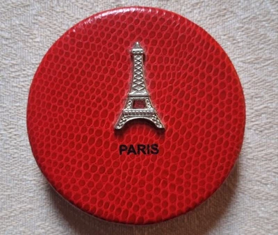 Vintage 70s Faux Snakeskin Leather Paris Eiffel Tower Round Compact Mirror 2.5"D - Image 1 of 4