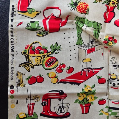 Fifties Kitchen Michael Miller Fabric Remnant Retro MCM 50's  Cotton 2 Yds 1595 - Image 1 of 4