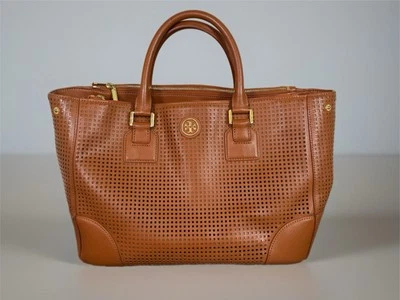 Auténtico Bolso de Mano Tory Burch Robinson Perforado Doble Cremallera Marrón Sin Correa Foto 1 de 4