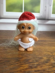 Russ Troll Doll Christmas Baby in Diaper & Santa Hat Vintage 90’s Blue Hair - Picture 1 of 7