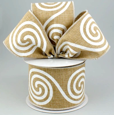 Christmas Large White Glitter Swirls 2.5" by 5 yards Wired Ribbon Beige Linen - Image 1 of 4