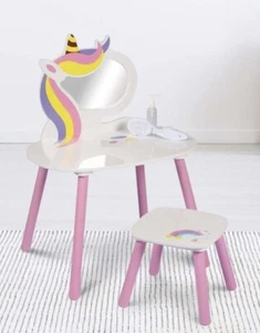 NEW Wooden Unicorn Kids Vanity Table And Stool Set Girls Mirrored Dressing Table - Picture 1 of 4
