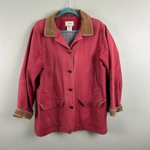 Vintage LL Bean Chore Jacket Womens Large Red Corduroy Collar Barn Coat Canvas - Picture 1 of 11