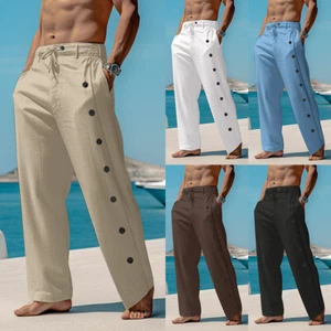 Men's Casual Linen Pants Drawstring Beach Summer Pants Lightweight Trousers + - Picture 1 of 17