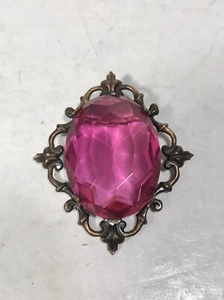 Bomae Original Huge Big Pink Rhinestone Ornate Bronze-Tone Bezel Brooch Signed - Picture 1 of 6