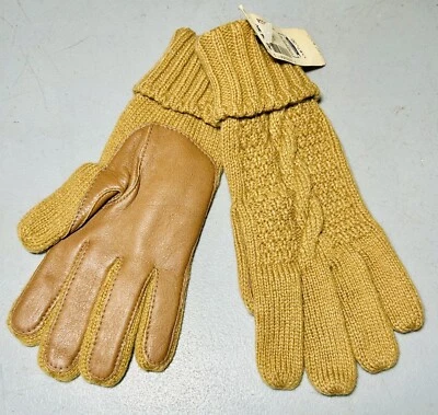 Vintage Knit Aris Gloves Leather Palms Brown /Tan One Size New NWT 80/20 Acr/Nyl - Image 1 of 2