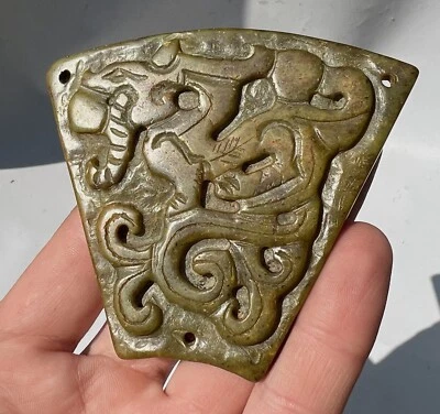 Древний китайский нефрит нефрит зеленый дракон резьба топор лезвие подвеска - Изображение 1 из 4