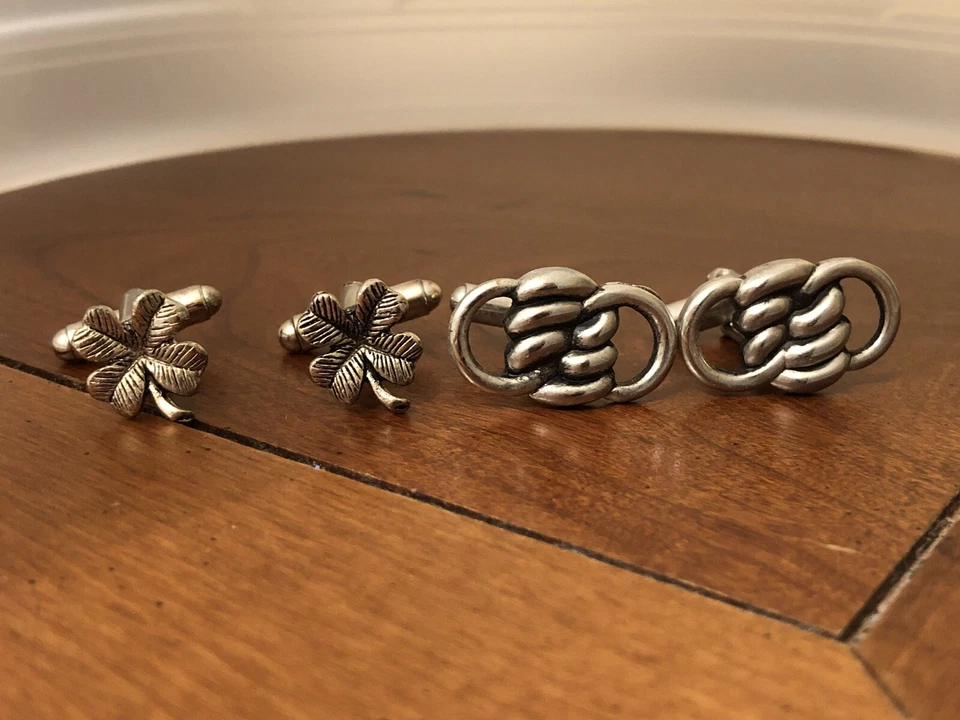 Four Leaf Clover Shamrock Irish Pair Cufflinks Knot Rope Cuff Links Pair Pewter - Image 1 of 2
