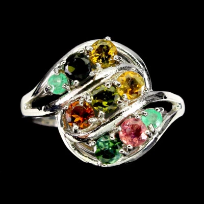 925 Sterlingsilber Rund Tourmalin Mehrfarbig 3mm Smaragd Ring 8 - Bild 1 von 4