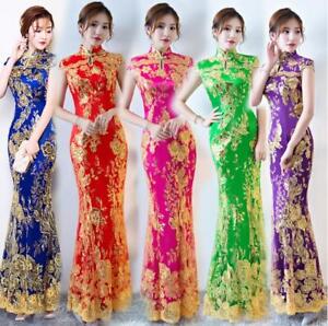 Women's Sequin Gown Floral Fishtail QiPao Party Evening Cheongsam Full Dress 5XL
