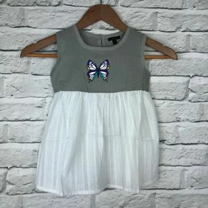 Girls White & Grey 100% Cotton Sleeveless Dress Stripe Skirt Butterfly Print - Picture 1 of 7