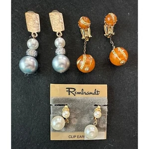 Three Pairs Vintage Clip Style Earrings Beaded Orange Gray Faux Pearl - Picture 1 of 8