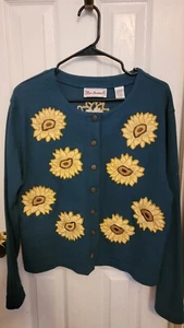 Vintage Womans Bechamel Sunflower All Embroidered Cardigan Sweater Size Large - Picture 1 of 10