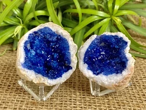 Blue Geode Pair Crystal Quartz Gemstone Specimen Dyed Morocco Geode Crystal - Picture 1 of 9