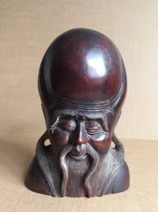 Vtg Oriental Culture Solid Wooden Handcarved Long Life God Head Statue Artwork - Picture 1 of 12