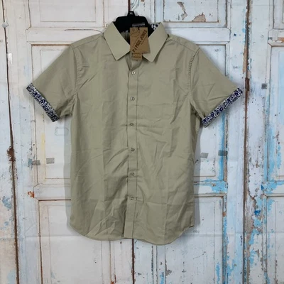 PJ Paul Jones Mens Shirt Khaki with Floral Accent Cuff Size S Casual Shirt Butto - Image 1 of 4