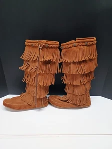 Minnetonka Tall Fringe Boots  1652 Knee High Moccasin Brown sz 9 hippie boho - Picture 1 of 5
