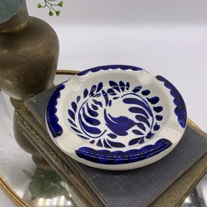 Vtg Anfora Puebla Blue Hand Painted Folk Art Pottery Ashtray Talavera Mexico - Picture 1 of 5