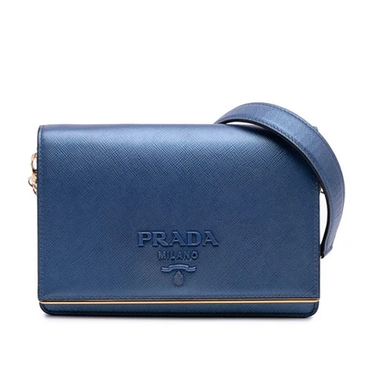 Authenticated Prada Lux Metal Bar Chain Crossbody Blue Saffiano Leather Bag - Image 1 of 4